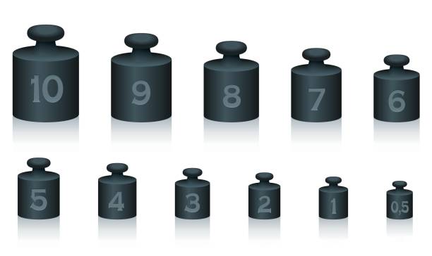 Weight masses of black iron for maths and physics, from one to ten, plus half unit - for calculating, counting and weighing - isolated vector illustration on white background. Weight masses of black iron for maths and physics, from one to ten, plus half unit - for calculating, counting and weighing - isolated vector illustration on white background. weights stock illustrations