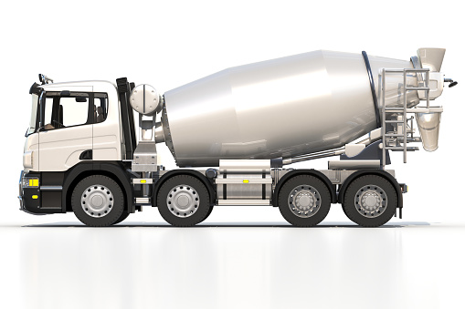 3d rendering image of a cement mixer on white background
