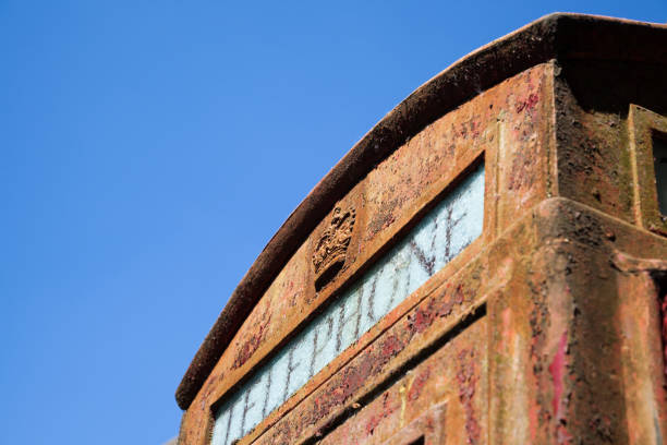 istock retro old-fashioned British telephone box with peeling paint in summer sun 695293100