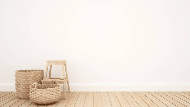 istock wicker basket and stool in the white room for artwork - 3D Rendering 695299200