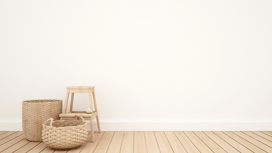 wicker basket and stool in the white room for artwork - 3D Rendering