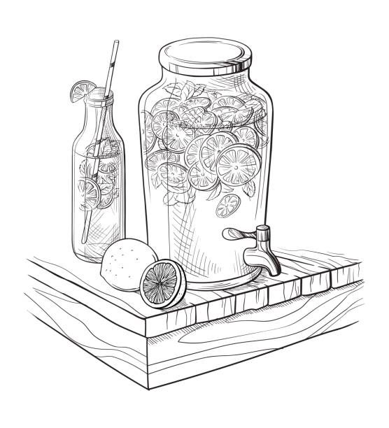 ilustrações, clipart, desenhos animados e ícones de vector limonada caseira com morango e limão - juice carafe glass decanter