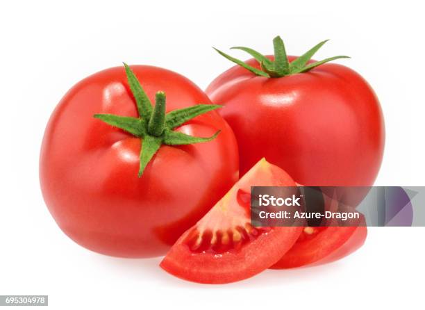 Tomatoes Isolated On White Background Stock Photo - Download Image Now - Tomato, Bunch, Cross Section