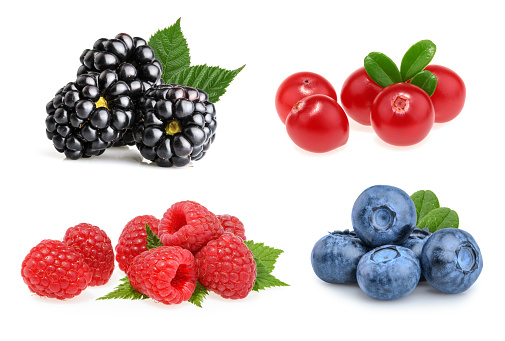 Plate of berries on table with napkin. Antioxidants, detox diet, organic berries.
