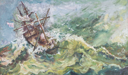 Old vintage nautical coastal landscape ship oil painting with the sail boat breaking up in stormy sea