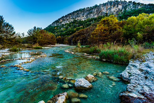 Fall Foliage on Trees Lining the Crystal Clear Waters of the Frio River at Garner State Park, Texas.