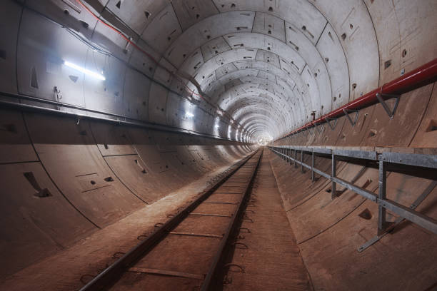 istock Construction of subway tunnel with white light 695316906