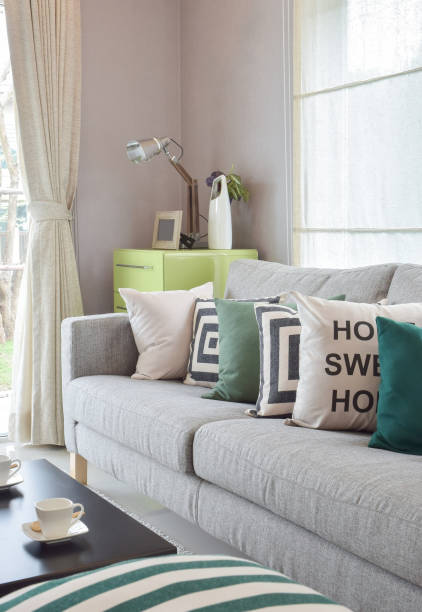 istock Cozy gray sofa with geometry pattern pillows in modern living room 695328510