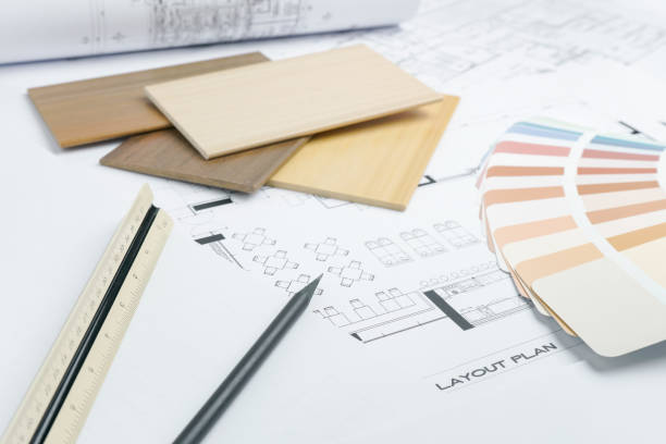 istock color and material samples on architectural drawings of the modern house 695330950