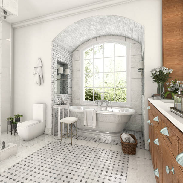 istock 3d rendering wood and tile design bathroom near window with arc brick wall 695331416