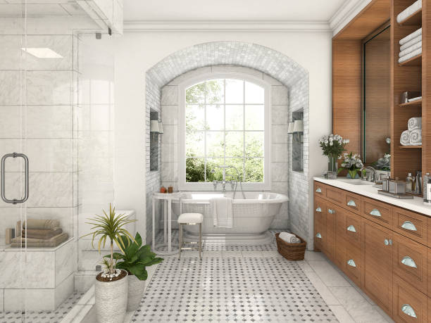 istock 3d rendering wood and tile design bathroom near window with arc brick wall 695331446