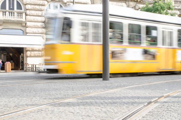 istock Blurred motion of Yellow tramway passing by on Buda side of Budapest 695332186