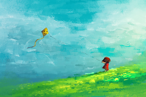 digital painting of girl running in the field with yellow kite, acrylic sketched on canvas texture