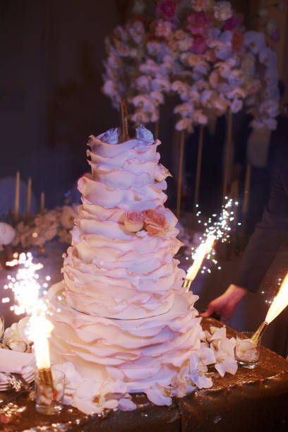 istock Amazing white high wedding cake with flowers and layers 695338792