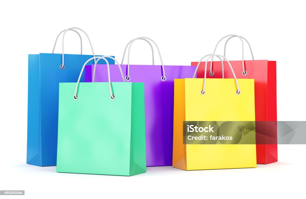 Group of shopping bags on white background Group of color paper shopping bags isolated on white background. Business, retail, sale and online commerce concept. 3D illustration Shopping Bag Stock Photo