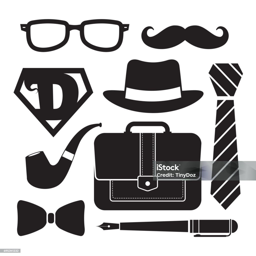 Father's day icon set - BW Father's Day icon set isolated on white. Symbol of men accessories in black & white color. Vector illustration. Father's Day stock vector