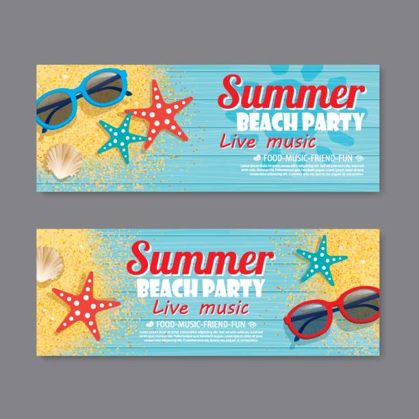 ilustrações de stock, clip art, desenhos animados e ícones de summer beach party invitation ticket template background - warm up beach