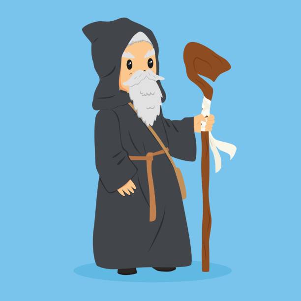 Old Wizard Vector Illustration a long bearded wizard wearing a robe and holding a staff long beard stock illustrations