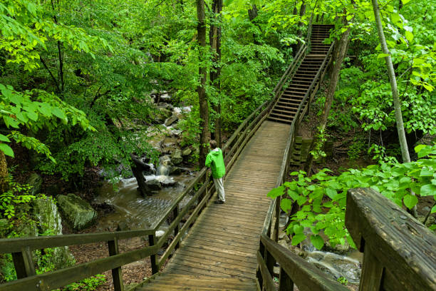 istock Hiking Over Creek on Bridge in Great Falls Virginia 695344458