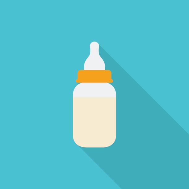 Baby milk bottle icon with long shadow on blue background, flat design style Baby milk bottle icon with long shadow on blue background, flat design style baby bottle stock illustrations