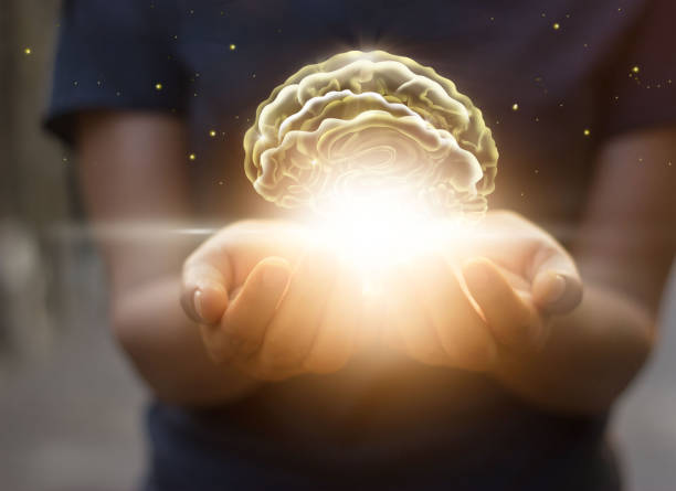 istock Palm care and protect virtual brain, innovative technology in science and medical concept 695358936