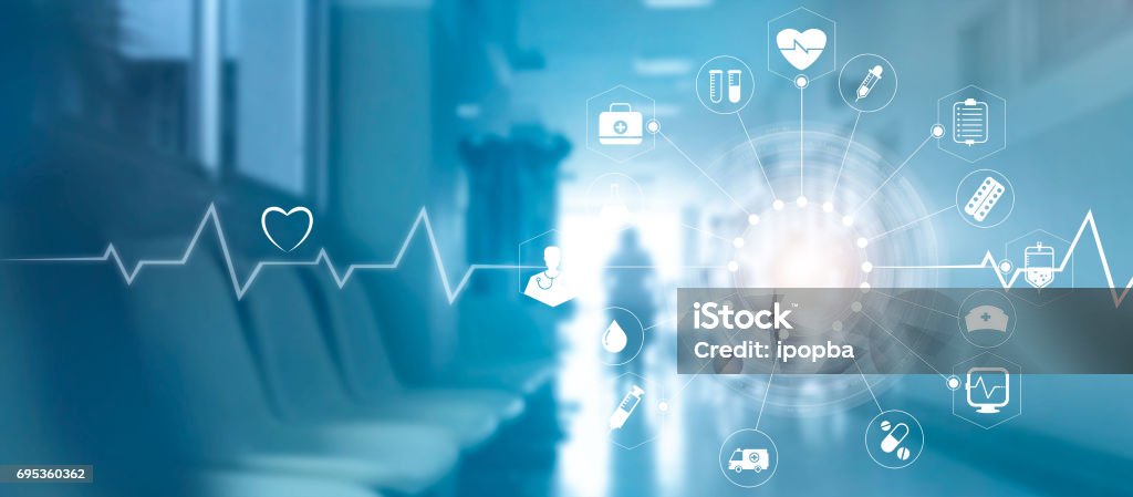 Medical icon network connection with modern virtual screen interface on hospital background, medicine technology network concept Healthcare And Medicine Stock Photo