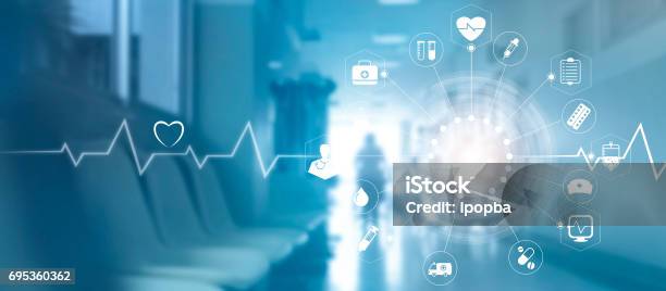 Medical Icon Network Connection With Modern Virtual Screen Interface On Hospital Background Medicine Technology Network Concept Stock Photo - Download Image Now