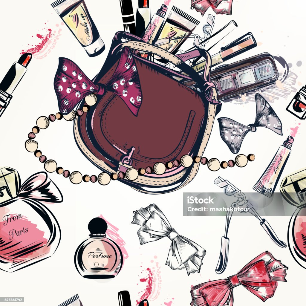 hand drawn female bag and cosmetics lipstick cream bow perfume and other Fashion vector pattern with hand drawn female bag and cosmetics lipstick cream bow perfume and other Adult stock vector
