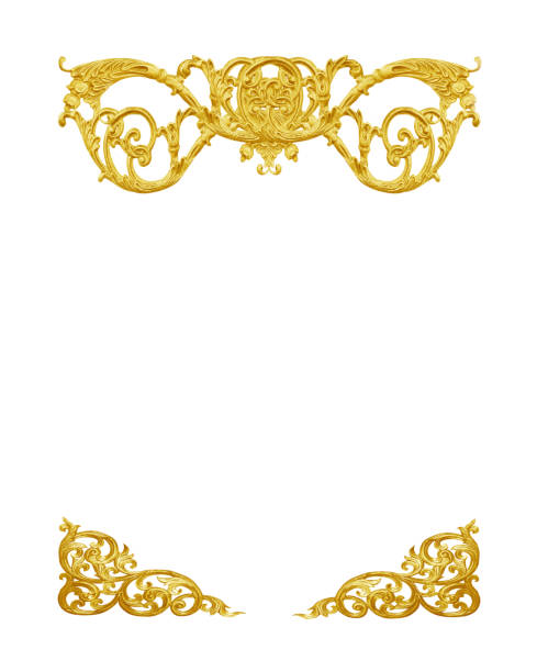 istock Pattern of gold metal frame carve flower on white background 695367376