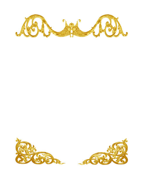 istock Pattern of gold metal frame carve flower on white background 695367418