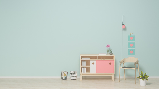 Pink cabinet with plant and lamp and chair in front of a clean background  for the art works 3D Rendering