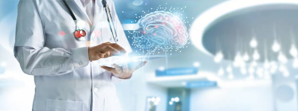 risultato dei test cerebrali di doctor checking con interfaccia informatica, tecnologia innovativa nel concetto di scienza e medicina - brain surgery healthcare and medicine brain surgery foto e immagini stock