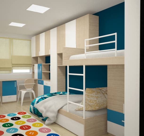 3d rendering of a nursery interior design 3d rendering of a nursery interior design wardrobe in kids bedroom stock pictures, royalty-free photos & images