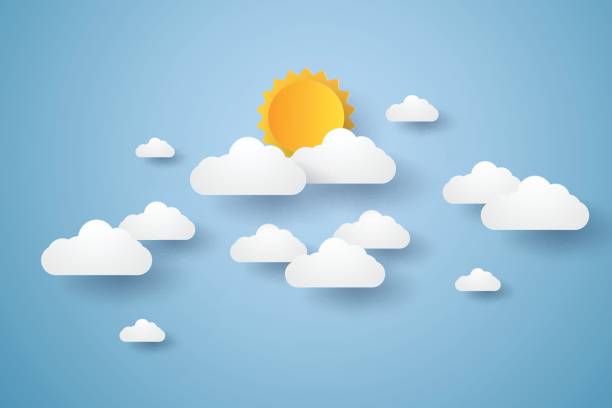 облачный пейзаж, голубое небо с облаками и солнцем - beauty in nature blue cloud cloudscape stock illustrations