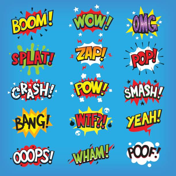 ilustrações de stock, clip art, desenhos animados e ícones de comic speech clouds with sound effects - comic book cartoon poof exploding
