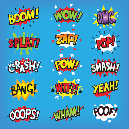 Set of colorful comic speech bubbles with sounds.