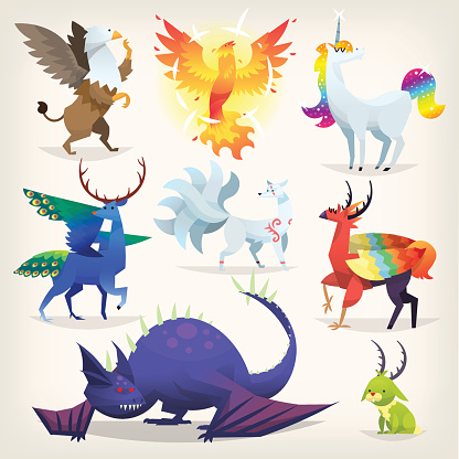 Set of colorful mythological fantasy creatures from all over the world