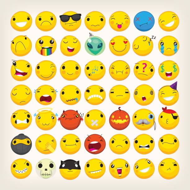 Colorful emoticons for any ocasion Set of yellow emoji and emoticons with different facial expressions dressed up in costumes for holidays. Flat isolated emoticons throwing up pumpkin stock illustrations