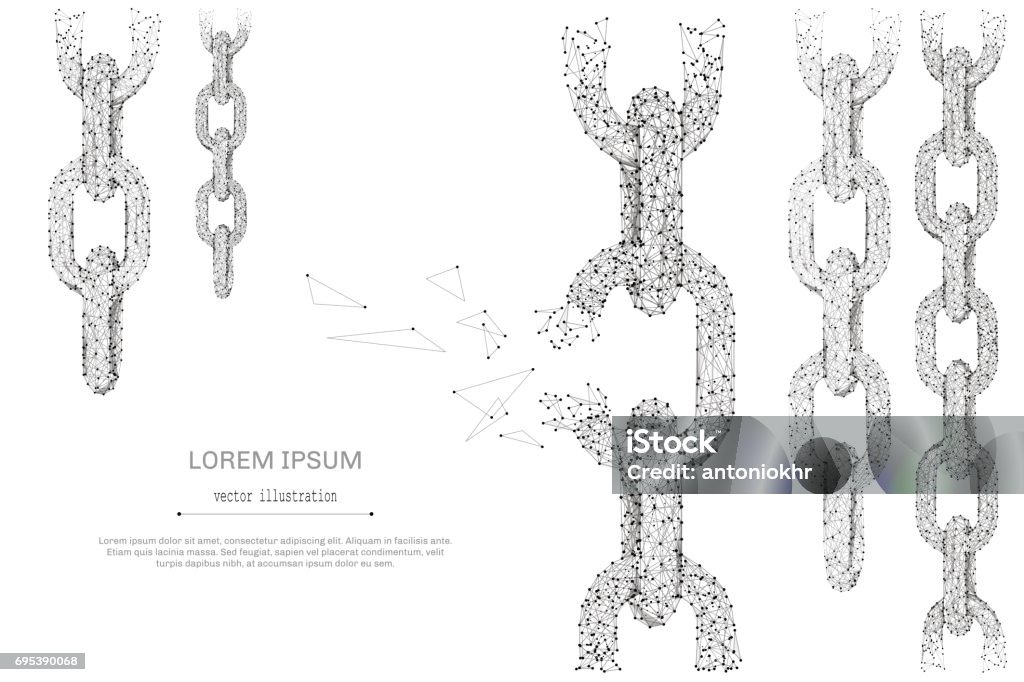 Broken tearing chain low poly gray Abstract mash line and point Breaks the chain on white background with an inscription. Freedom concept starry sky or space, consisting of stars and the universe. Vector business illustration Chain - Object stock vector