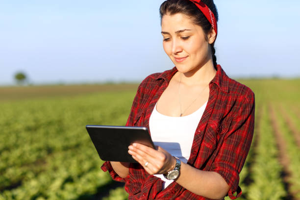 istock Female farmer standing in a field with tablet and examining crop. 695390094
