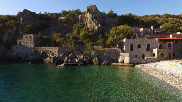 Aerial drone photo of village of Alipa with clear waters, Lakonia, Mani, South Peloponnese, Greece stock photo