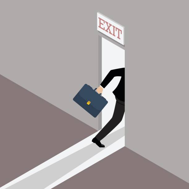 Business solution or exit strategy Business solution or exit strategy. Businessman runs to the exit door quitting a job stock illustrations