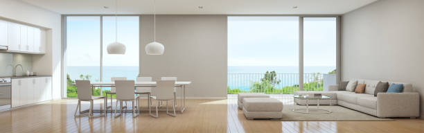 mar vista cocina, comedor y sala de estar de casa de playa de lujo de diseño moderno, casa para familia grande - apartment architecture contemporary beach fotografías e imágenes de stock