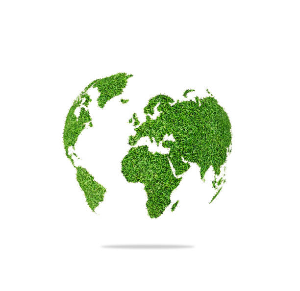 Colorful flag pins marks on plastic earth globe against green background