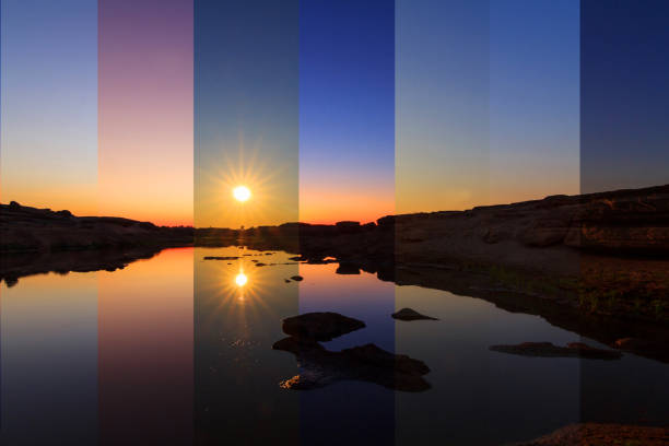 diverso colore ombra al lago in tempi diversi - sequenza giorno e notte foto e immagini stock