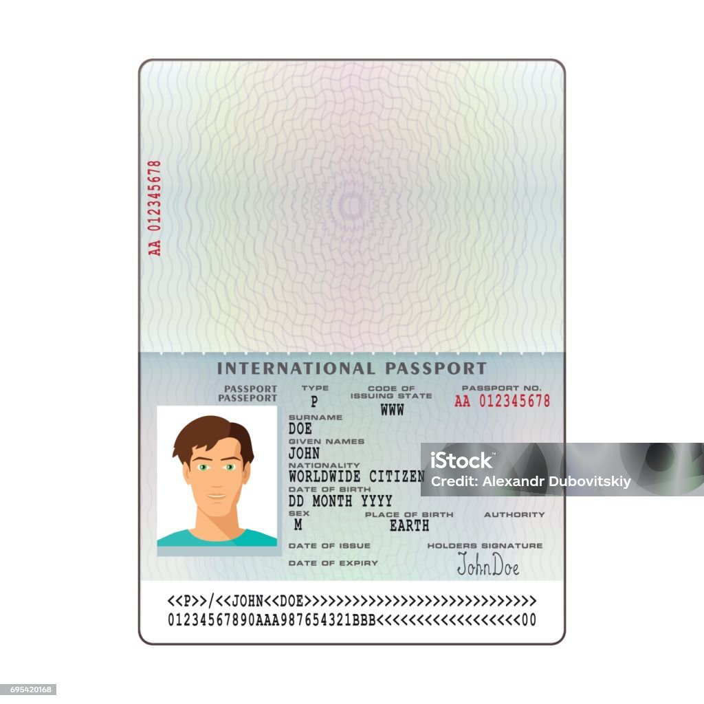 Vector international passport template with sample personal data page Passport stock vector