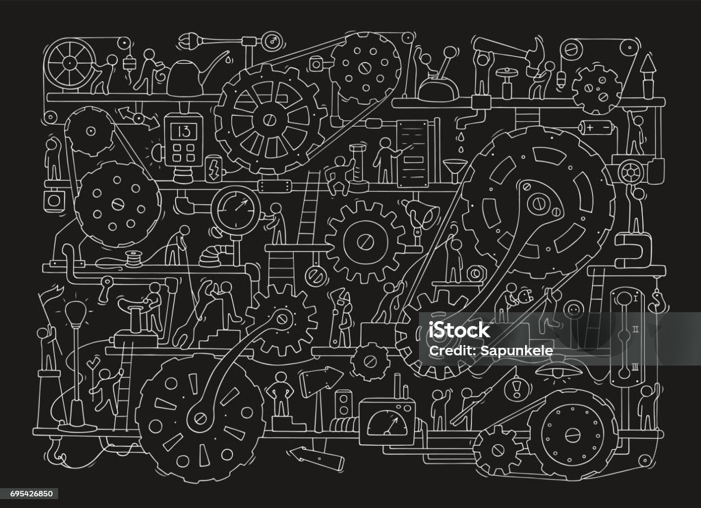 Sketch of people teamwork, gears, production. Sketch of people teamwork, gears, production. Doodle cartoon mechanism with machinery and cogwheels. Hand drawn vector illustration for business and industry design isolated on black. Steampunk stock vector