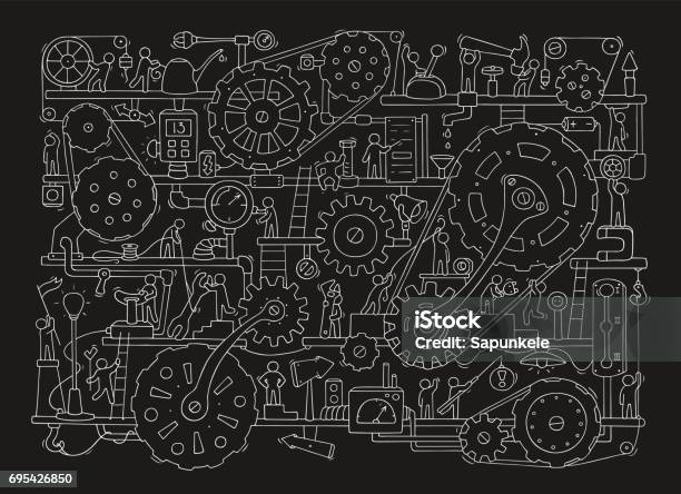 Sketch Of People Teamwork Gears Production Stock Illustration - Download Image Now - Steampunk, Dark, Factory