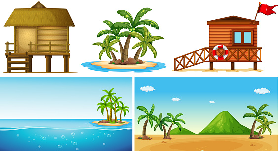 Ocean scenes with island and lifeguard house illustration