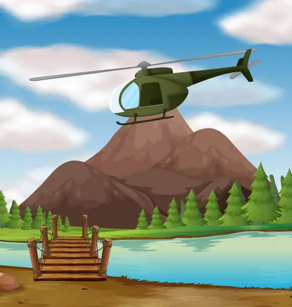 Vector illustration of Helicopter flying over the river